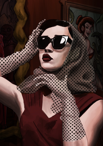Zoom on Victoria loves vintage in a red dress, gloves, headscarf and sunglasses at an art exhibition