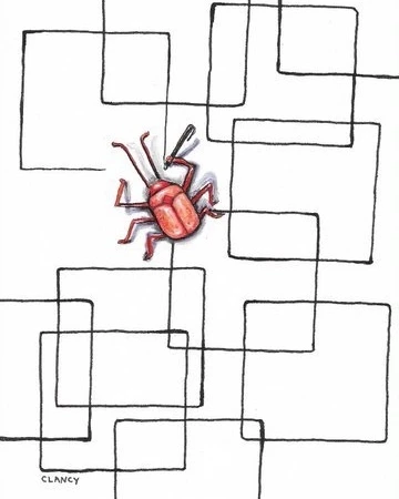 An orange beetle draws large squares with a pen.