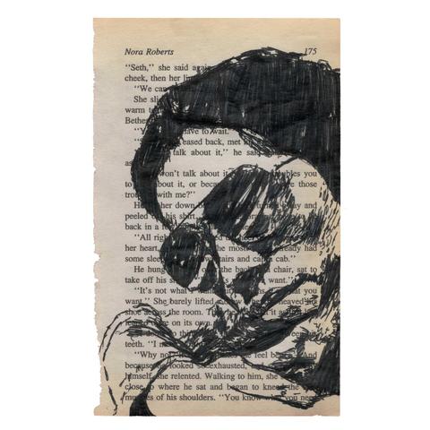 Pen drawing of a man wearing sunglasses drawn on a torn-out book page.