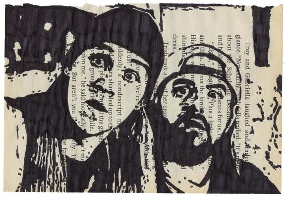 Pen drawing of Jay and Silent Bob looking surprised drawn on a torn-out book page.