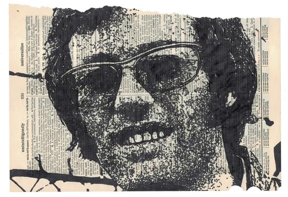 Pen drawing of Peter Fonda wearing sunglasses and smiling drawn on a torn-out dictionary page.