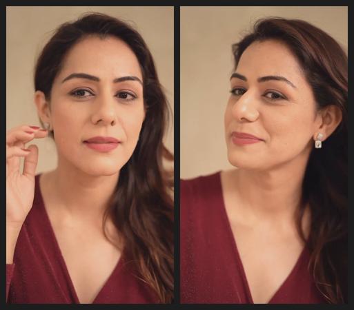 Ridhima ma'am gets ready for a romantic evening with Sourabh Raaj Jain. A montage of two adjacent portraits shows her wearing a crimson wrap dress and diamond earrings. Her rich brown, naturally wavy hair tumbles over her left shoulder and she wears understated makeup in warm, neutral shades of peach (eyeshadow) and coral (lipstick), and red nail varnish. She is facing the camera, as if looking in a mirror to the left of the frame. In the left-hand portrait she raises her right hand towards her right ear to adjust her hair. In the right-hand portrait she sweeps her hair away from the left of her face with her left hand (out of frame) to reveal the earring in her left ear.
