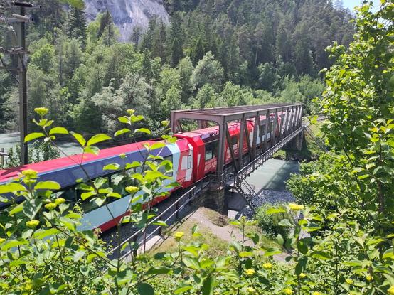 Foto, ein Panoramazug auf einer Fachwerkbrücke