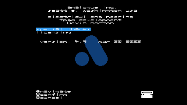 Screenshot of the Analogue Mega Sg's About screen showing version 4.9