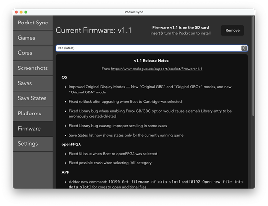Screenshot of Pocket Sync’s firmware update page showing version 1.1 (final)