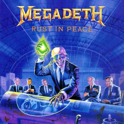 A skeletor in a suit gestures on the cover of Megadeth's Rust in Peace album.