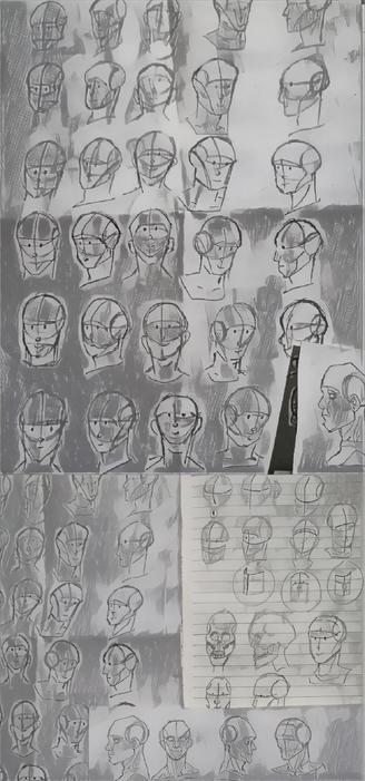 Ang larawang ito ay nagpapakita g proseso sa pagguhit ng iba't-ibang anggulo ng ulo. Ito ay hango sa anime character.