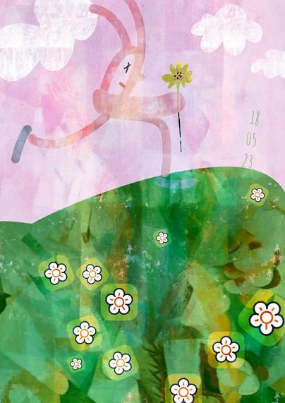 Die digital erstellte Illustration in Form einer visuellen Tagebuchskizze zeigt einen pinkfarbenen "Strichhasen", der mit einer gelbgrünen Blume in der Hand über eine hügelige, grüne Wiese läuft; auf dieser Wiese sind verschieden große Logos der Flora Incognita App als Blüten platziert; den blaß rosafarbenen Himmel im Hintergrund zieren weisse Wolken; die Illustration wurde zusätzlich und nachträglich über die App Hipstamatic verfremdet