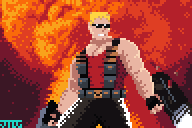 Duke Nukem (wearing black pants, a red tank top, a bunch of pockets and sunglasses, with blond hair) in front of a nuclear mushroom cloud while he is firing 2 guns.