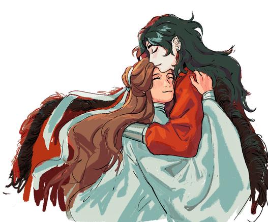 Art of Xie Lian and Hua Cheng hugging each other. Their eyes are closed and they look happy. Xie Lian and Hua Cheng are Chinese men with long hair, wearing white and red robes respectively.