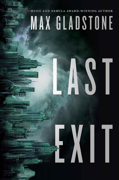 Book cover is a painting turned sideways of the New York City skyline with dark clouds above (to the right)