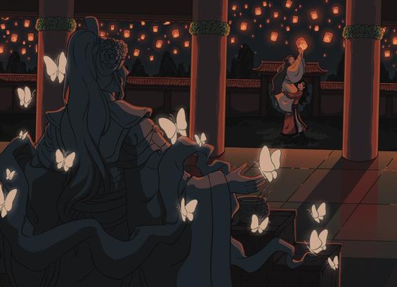 Art of Hua Cheng lifting Xie Lian, who's holding a lantern. The sky is filled with other lanterns. In the foreground, there's a statue of Xie Lian surrounded by silver butterflies. Xie Lian and Hua Cheng are Chinese men with long hair, wearing white and red robes respectively.