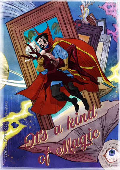 Dr Strange and Clea, somewhere in the astral plane, ready to take a romantic trip together. There’s many doors opening on different universes.