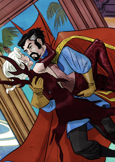 Zoom on Dr Strange and Clea. The Doctor is holding Clea in his arms