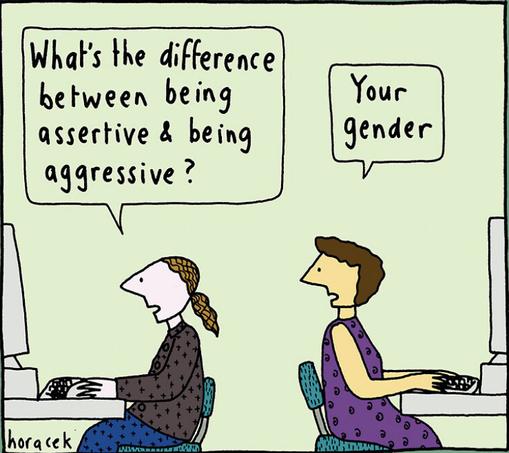 Two women sitting at computer desks. Saying in bubbles:
"What's the difference between being assertive & being aggressive?
Your gender"
⸺
Cartoon by Judy #Horacek https://horacek.com.au/