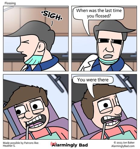 Alarmingly Bad comic of the Nic Cage/Pedro Pascal car meme where a dentist asks when the last time I flossed was (he was there)
