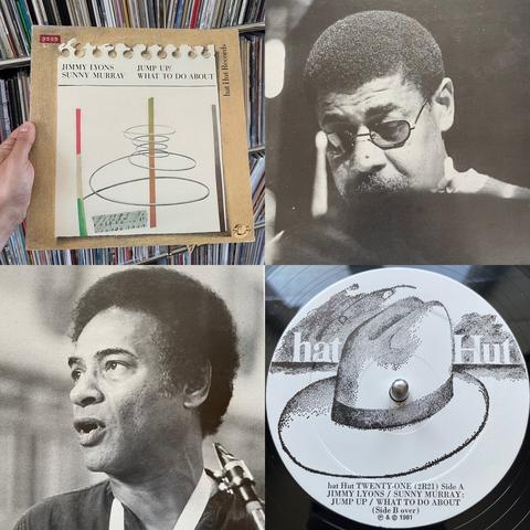 Four photos : the album cover art (abstract composition by Klaus Baumgärtner), a portrait of Sunny Murray and Jimmy Lyons and a picture of side A's label.