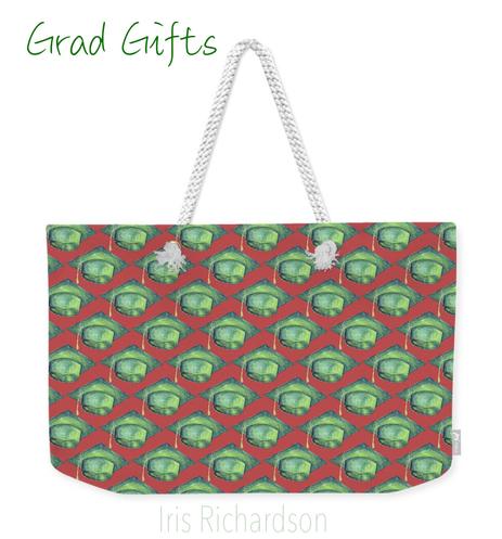 A travel tote with graduation hat pattern. A gift bag that keeps on giving. Fill it for your grad with essential items to take to college or outfit their first apartment. 

Artist Iris Richardson, Gallery Pixel
