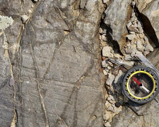 Shallow scratches extend roughly left to right across this image, which is about 20 cm tall. The compass at the left center of the image indicates the scratches are on a NW-SE axis, consistent with the movement of the Pleistocene ice sheet in this region. The cracks are from extensive deformation. There are scales on the sides of the compass. My photo.