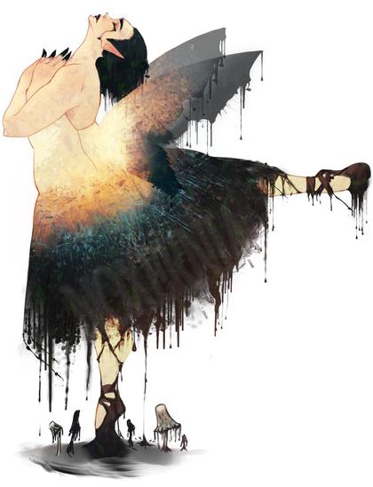 A faerie ballerina in an inkcap inspired dress, crying black tears.