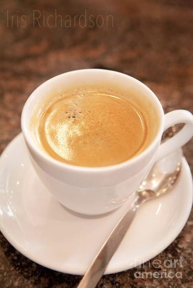 Fresh shot of espresso in white cup with a brown background. Artist Iris Richardson, Gallery Pixel