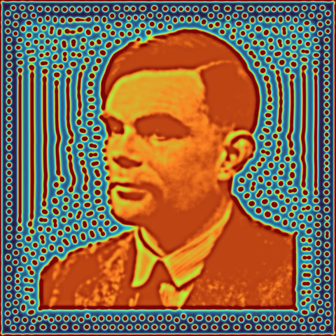 Image of a reaction-diffusion system simulation with Alan Turing as the initial condition.