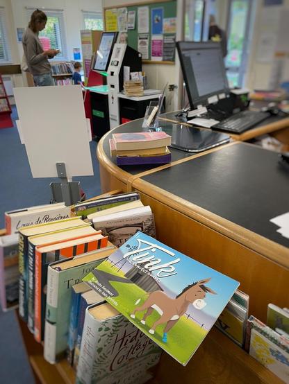 My children's book, "Tink the Bravest Donkey," sits atop a stack of books being returned at the desk in a small library.