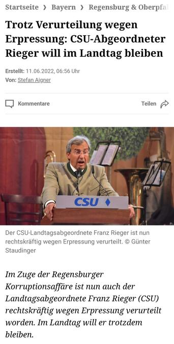Ein Zeitungsartikel zur Verurteilung des CSU Politikers Rieger wegen Erpressung