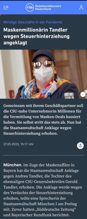 Vetternwirtschaft beim Maskenskandal. Tochter des CSU Generalsekratärs Tandler wegen Steuerhinterziehung angeklagt