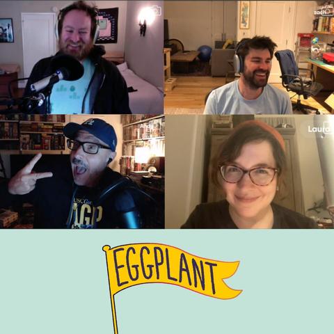 A grid showing four people on a Zoom call, all smiling, with a logo of a flag labeled "Eggplant"