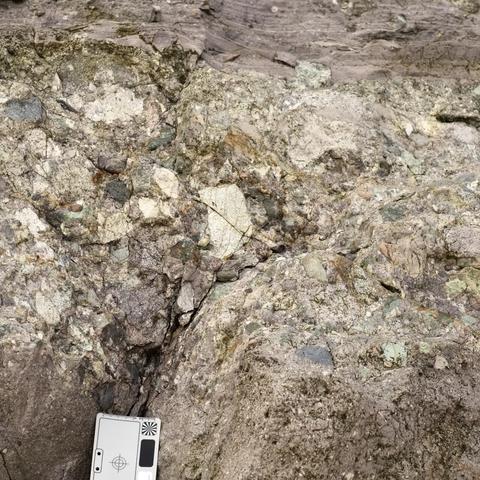A circa 25 cm high image shows a sandstone at bottom, conglomerate with angular clasts in the middle, and laminate argillite at the top. A white balance card with cm and inch scales is at the bottom left. My photo.