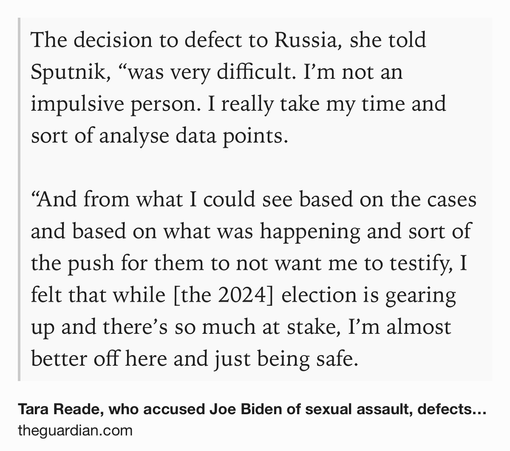 Text Shot: The decision to defect to Russia, she told Sputnik, “was very difficult. I’m not an impulsive person. I really take my time and sort of analyse data points.

“And from what I could see based on the cases and based on what was happening and sort of the push for them to not want me to testify, I felt that while [the 2024] election is gearing up and there’s so much at stake, I’m almost better off here and just being safe.