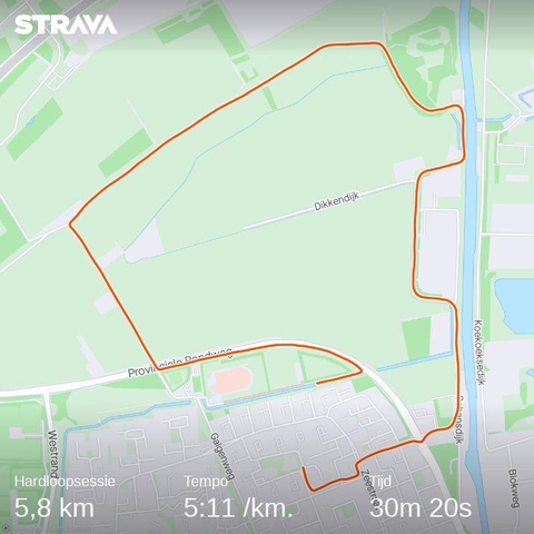 Stuk kaart van het buitengebied van Zevenbergen. Mijn hardloopronde is met een oranje lijn weergegeven en de statistieken van de training staan onderaan de afbeelding (5,85 kilometer, 5.11/km gemiddeld tempo, 30 minuten en 20 seconden totale trainingstijd)