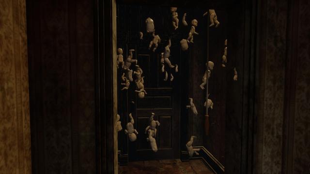 Many generic dolls hanging off the i think it's the front door area?