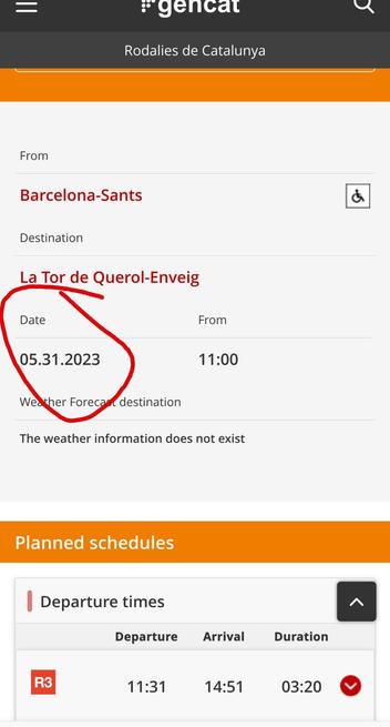 Rodalies train schedule search showing a date 05.31.2023 i.e. MM.DD.YYYY format.