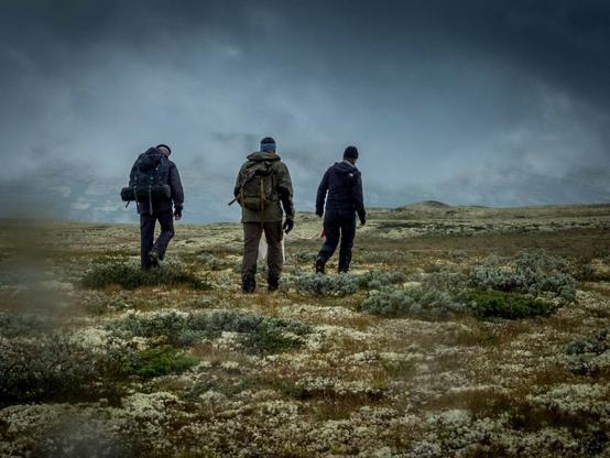 Three people seen from behind in the mountains.