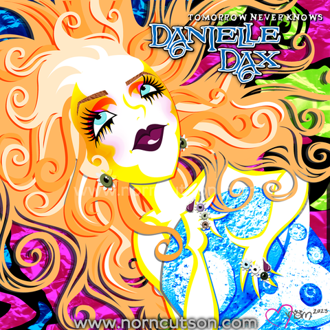 My take on the cover art of Danielle Dax's TOMORROW NEVER KNOWS.

Intense, vibrant colors, magenta, orange, biue and lime dominate the image. A cis white woman in repose, her curly orange hair spread out around her. Her eyes are rolled back in a  moment of epiphany, She clutches an electric blue metal shield.

Text, top right, white serif with black drop shadow: "TOMORROW NEVER KNOWS".
Below, distressed blue serif with white outline and black drop shadow: "DANIELLE
DAX".