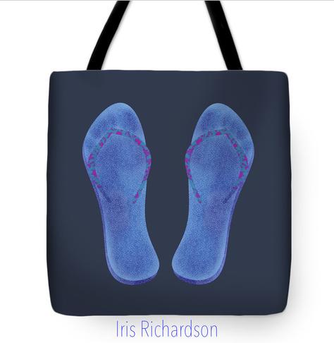 Blue flip flops with pink floral accents on dark blue fashion tote. I posted this in honor of national flip flop day. Artist Iris Richardson, Gallery Pixel https://iris-richardson.pixels.com/featured/pair-of-blue-flip-flops-iris-richardson.html?product=tote-bag