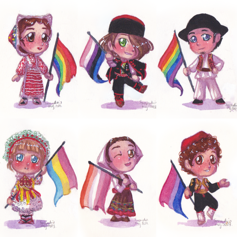 Water colour paintings of six chibi characters in various Croatian folk clothes, each carrying a pride flag: two with rainbow, one with bi, one with pan, one with lesbian and one with genderfluid