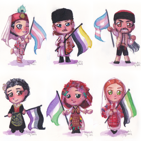 Water colour paintings of six chibi characters in various Croatian folk clothes, each carrying a pride flag: two with trans, one with nonbinary, one with genderqueer, one with ace and one with aro