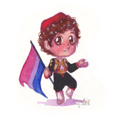 Water colour painting of a chibi character carrying a bisexual flag and wearing folk clothes from Dubrovnik area. He has light skin with a bit of freckles, big brown eyes, and short curly brown hair. His clothes consist of a black jacket and wide black pants tucked in his high white socks. The pants and the jacket all have reddish and golden embroidery. He also has a red cap on the head. He's standings in a was that suggests he was in a motion of jumping a bit, as one of his legs is raised a bit, he's holding one hand out while carrying the flag with the other, and he has a kind and happy smile on the face. The signature next to the character's legs says "SnowyAvis Maj. 2023"