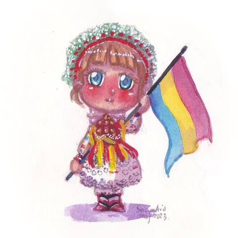 Water colour painting of a chibi character carrying a pansexual flag and wearing folk clothes from Bizovac. She has a very blushing light skin, blue eyes and blond hair with bangs. The clothes consist of an unusual very wide white dress with black flowery embroidery and frils, red and yellow scarf covering her torso and neck, a headdress with red and white flowers. The clothing style resembles dolls a bit. She's holding the flag slightly behind her body, standing in a still stance with both legs next to eachother, and is cutely smiling. The signature next to the character's legs says "SnowyAvis Maj. 2023"