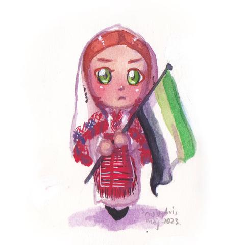 Water colour painting of a chibi character carrying an aromantic flag and wearing folk clothes from Žumberak. She has light skin, red hair and green eyes. The clothes consist of a white dress, a red apron with black and white linear embroidery, and a headscarf covering her head with red and black embroidery and tassels at the edges. She's holding the flag with both of her hands and looking at the viewer with a bit of a frown, like she's shy or unsure about the situation. The signature next to the character's legs says "SnowyAvis Maj. 2023"