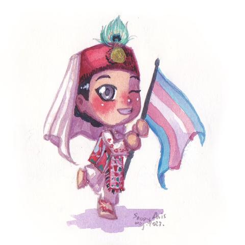 Water colour painting of a chibi character carrying a transgender flag and wearing folk clothes from Vrlika. She has light skin, black hair braided and hidden underneath her headdress, and gray eyes. The clothes consist of a white dress, a red apron with many white and green and oin embroidery, a red jacket. Her headdress is a red cap with a peacock feather attached to it, and a white headscarf falling at the back of her head. She's standing sideways with one leg raised behind herself, holding the flag with both hands, winking and grinning. The signature next to the character's legs says "SnowyAvis Maj. 2023"