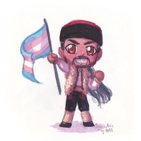Water colour painting of a chibi character carrying a transgender flag and wearing folk clothes from Lika. He has a medium to light skin tone, brown eyes, short black hair and a short beard and mustache.  The clothes consist of a white shirt, a woolly sleeveless jacket over it, black pants tucked into white socks, and a Lika cap - a cylindrical cap with flat red top and black sides and long black tassels in the back. The character is energetically holding the flag up with a big smile and a determined facial expression. The signature next to the character's legs says "SnowyAvis Maj. 2023"