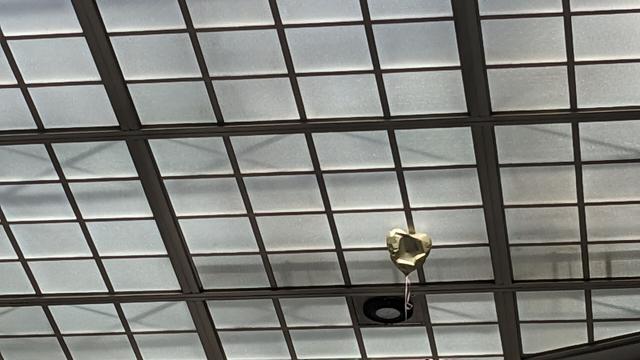 Silberner Ballon in Herzform unter der Glasdecke des Lichthofs der Stabi Hamburg