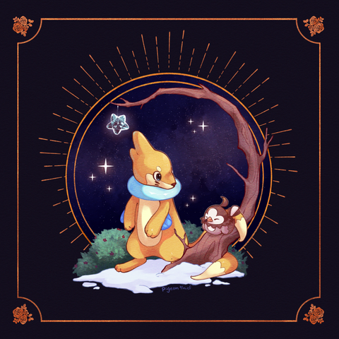 Shiny Buizel and shiny Starly sharing a moment together