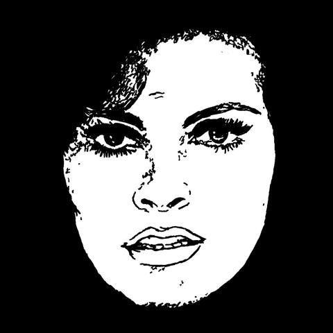 Pen drawing of Raquel Welch's face drawn on a black background.