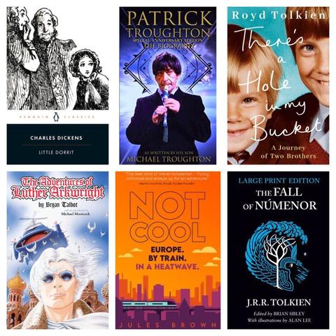 Grid of 6 book covers in 2 rows of 3. In the top row are the Dickens book with a black and white design, the Patrick Troughton book showing him as the Second Doctor playing the recorder, and two young Tolkien brothers side by side on their book cover. On the bottom row are a brightly coloured comic book cover for Luther Arkwright, a scarily hot orange looking cover to Not Cool Europe By Train in a Heatwave, and the Fall of Numenor book has a simple blue and white drawn design against a black background.