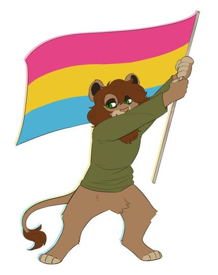 naima, a cartoon lion with a pink nose and a green green jumper/sweater, waving a pan pride flag